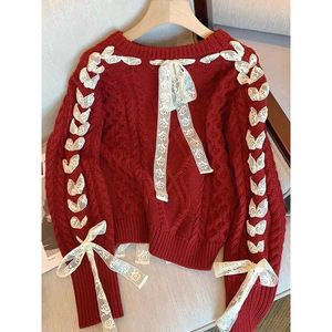 <span class=keywords><strong>Pull</strong></span> rouge pour Noël, ample, pour l'automne et l'hiver, avec nœud décoratif, en tricot, pour femmes - Product Image 4
