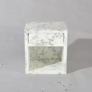 Mesa de cabeceira em pedra luxuosa moderna personalizada HZX, mesa de cabeceira quadrada de mármore para quarto com gaveta, mesa de cabeceira em mármore