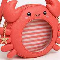 Sac Ita personnalisé en forme de crabe mignon avec fenêtre transparente en PVC, doublure à rayures style bord de mer, fermeture éclair étoile de mer et sangle à breloques
