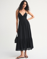 Robe d'été mi-longue en mousseline de soie LEDUO personnalisée avec bretelles spaghetti, dos nu et design à volants