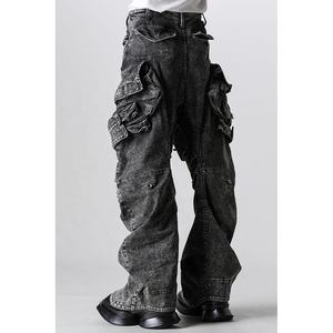 Jean cargo gris décontracté pour homme et garçon, taille <span class=keywords><strong>mi</strong></span>-haute, longueur longue, poche cargo, finition stretch, ourlet retroussé, printemps été, bouton, <span class=keywords><strong>coupe</strong></span> bootcut - Product Image 3