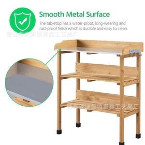 Solid Wood Multi Layer Shelf With <b>Hooks</b> 3 Floors Durable Storage Rack For <b>Garden</b> Tools And Plants - Product Image 2