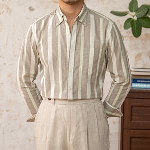 Trois minces rayures coton sergé 100% respirant <span class=keywords><strong>chemise</strong></span> à manches longues <span class=keywords><strong>bouton</strong></span> <span class=keywords><strong>caché</strong></span> col pointu Gentleman décontracté - Product Image 1