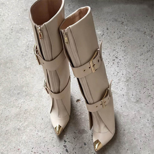 Women's Metal Pointed Toe Knee High <b>Boots</b> Ladies Buckles High Heels Overlay Shoes Front Zipper Pants Long Booties - Product Image 4