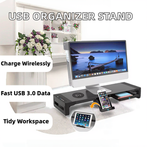 Support de moniteur PC à double ventilateur avec organisateur, transmission de données USB 3.0 et chargement sans fil (en plastique) - Product Image 2
