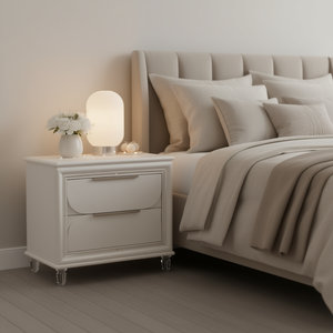 Comodino a 2 cassetti in bianco perla con gambe in cristallo acrilico, mobile moderno e contemporaneo per camera da letto - Product Image 2