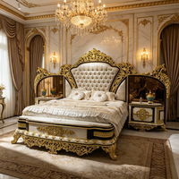 Ensemble de lit complet de style baroque élégant, plaqué or, vert, lit en bois sculpté royal turc, table de chevet, rembourrage italien, chambre à coucher