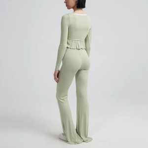 2 Piece Rib Lace Trim Women's Pajama Set Custom Logo Winter Cotton <strong>Crop</strong> Top Pants Women's <strong>Pyjamas</strong> with Large Neck Sexy and Soft - Product Image 2