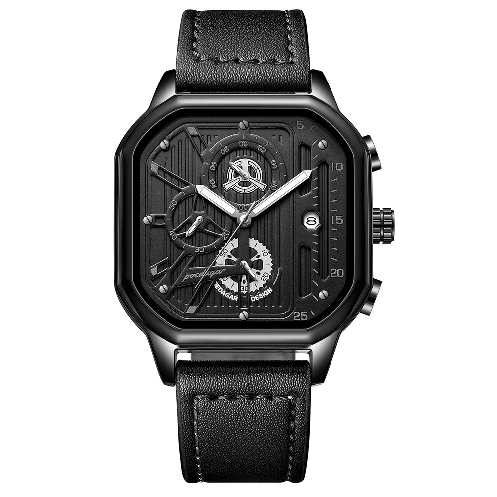 Black Case Silver Index Leather Band