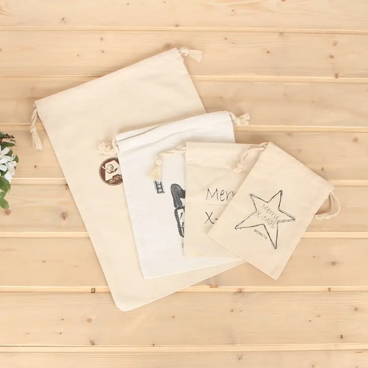 Custom Small Nature Beige Cotton Canvas Drawstring Bag Jewelry Gift Packaging Bags Travel Cosmetic Storage