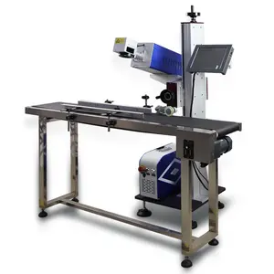 co2 galvo flying laser marking machine on production line printing batch coding for wood plastic bag QR barcode