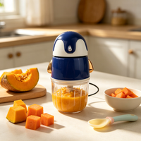 Robot culinaire électrique mignon en forme de pingouin, mini hachoir à aliments avec bol en verre, 8 lames, hachoir à viande, hachoir à ail, préparateur de repas pour bébé
