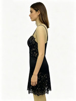Robe de soirée moulante noire en satin et dentelle, mini-robe à bretelles spaghetti réglables et col en V pour femme, fabrication OEM/ODM sur mesure