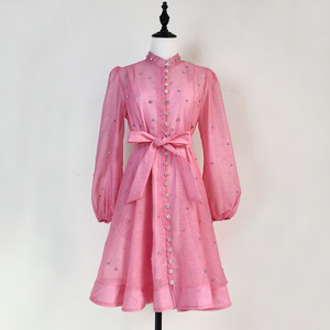 Vestidos de moda para mujer con cuello alto, estampado vintage, manga larga gruesa y manga farol con lazo - Product Image 1