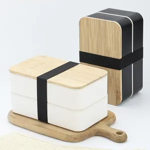 Kitchen Food Container Double Layers Divided Bento Lunch Box With Solid Wood Cover