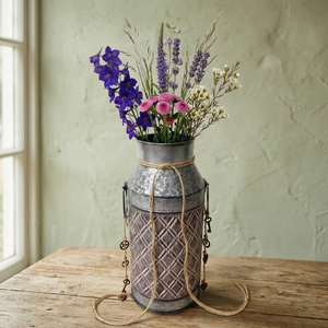 Rustic Farmhouse Style Galvanized Metal Lightweight Lattice Pattern <b>Vase</b> Rope Keys Design Desktop Flower Arrangement Farmhouse - Product Image 3