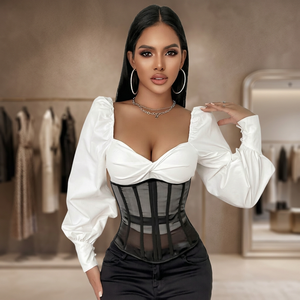 Women Satin <b>Corset</b> <b>Top</b> With Puff Sleeves Black <b>Mesh</b> Underbust Waist Shaper Firm Control Daily Wear - Product Image 4