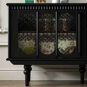 Meuble TV vintage en bois massif noir avec porte en rotin tressé, tiroirs de <span class=keywords><strong>rangement</strong></span>, console multimédia, meuble classique pour salon - Product Image 4