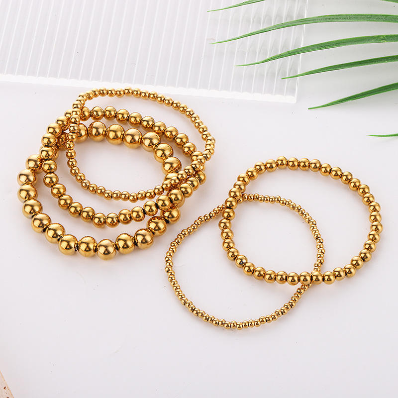 4mm 6mm 8mm 18K Gold Plated Stainless Steel Stackable Stretch Bead Ball  Bracelet Gold Beaded Bracelets for Women Hypoallergenic