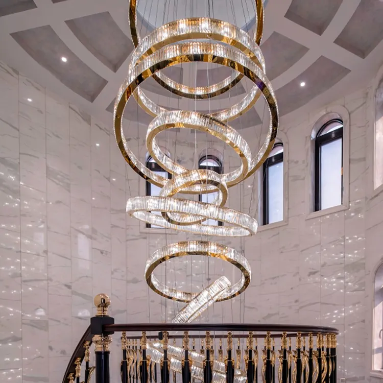 Fashion Style Ballroom Staircase Villa Crystal Hanging Ring Led Chandelier Pendant Lamp Lights for Home Ceiling