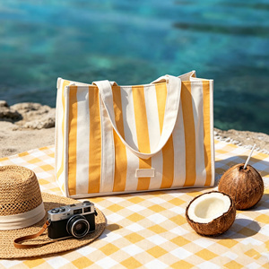 BSCI Factory Summer Strip Canvas Printing Traveling Tote Bags Portable Large Capacity Fashionable <b>Custom</b> Logo Women Tote Bag - Product Image 6