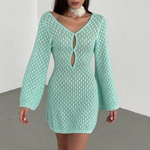 Strickwaren hersteller Häkel strick Einfarbig Fishtail Flare Langarm Sommer Mini Sweater Kleid für Frauen - Product Image 4