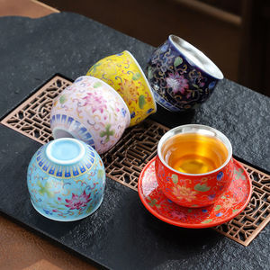 75ml 高級模様入りギフトボックス アラブ999スターリングシルバー エナメル金メッキシルバーセラミック エスプレッソコーヒー/ティーカップ＆ソーサー - Product Image 4