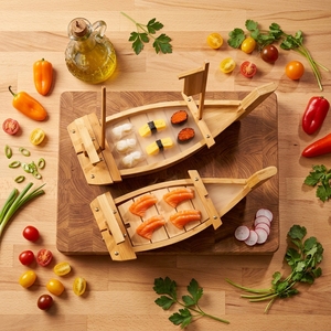 Bateau à sushi japonais surdimensionné en bambou et bois écologiques, avec outils à sushi et glace sèche pour la cuisine au homard - Product Image 2