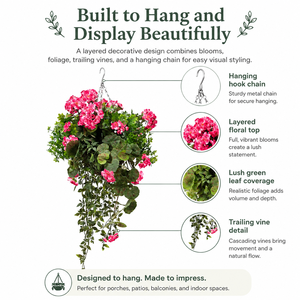 Cesta Colgante con <span class=keywords><strong>Geranios</strong></span> Artificiales Blancos, Arreglo Floral con Hojas Verdes Largas, Decoración Ecológica para Balcón, Jardín, Hotel - Product Image 3