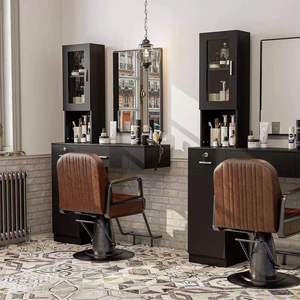 Miroir mural pour barbier, table de coiffeur, poste de travail de salon, ensemble d'équipement de coiffure avec armoire de rangement - Product Image 2