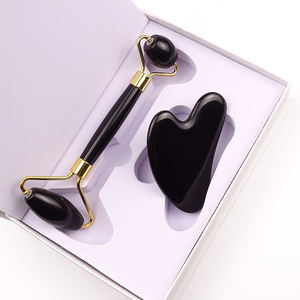 Gua <span class=keywords><strong>sha</strong></span>-Rodillo de jade para el cuidado de la piel, conjunto de rodillo de jade de cristal obsidiana, color negro, 100% - Product Image 5