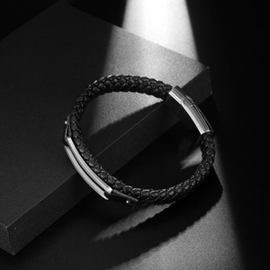 Men's Woven <b>Leather</b> <b>Bracelet</b> Titanium Steel Geometric Design Black 21.5 Cm Length Simple Motorcycle Style CE571 - Product Image 2