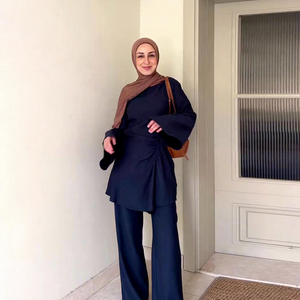 <span class=keywords><strong>Ensemble</strong></span> 2 pièces <span class=keywords><strong>tunique</strong></span> et <span class=keywords><strong>pantalon</strong></span> de couleur unie, style portefeuille, décontracté pour le printemps et l'été, vente en gros, chemisiers et coordonnés de mode féminine - Product Image 1