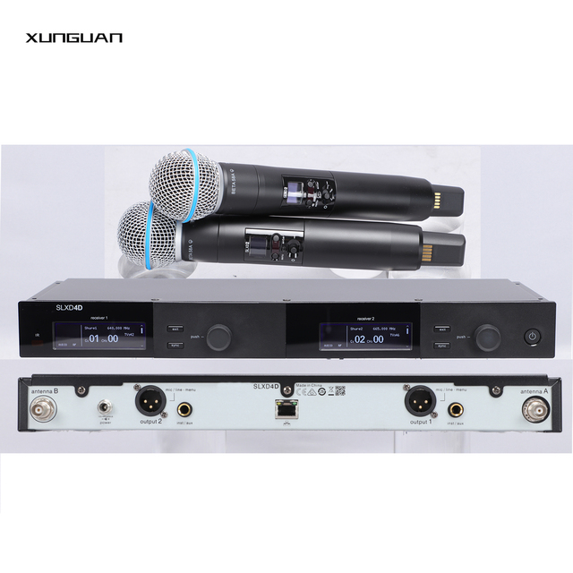 SLXD4D OEM 2 Channels True Diversity UHF 630-690MHz Microphone Wireless System with Metal Handheld for Singing,Stage,Church,KTV