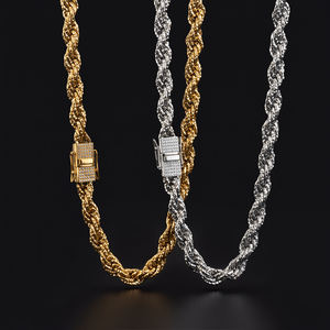 שרשרת זהב 18 קראט מצופה זהב, צמיד נירוסטה עם חוליות, אבזם זירקון CZ, שרשרת חבל קלועה, צמיד חבל ביזנטי לגברים - Product Image 1