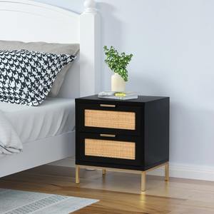 Mesa de Noche Contemporánea de Madera con Diseño de Ratán Natural, Mueble de Almacenamiento Negro con 2 Cajones para Hotel, Apartamento u Hogar - Product Image 1