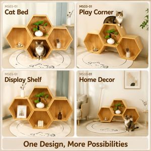บ้านแมวทรงหกเหลี่ยมไม้ธรรมชาติแบบโมดูลาร์อเนกประสงค์ - Product Image 2
