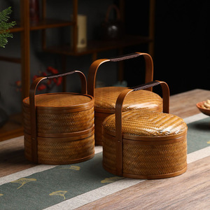 Handmade Bamboo Woven <b>Basket</b> Rectangle Double Layer Food Container Portable Tea <b>Storage</b> Box - Product Image 2