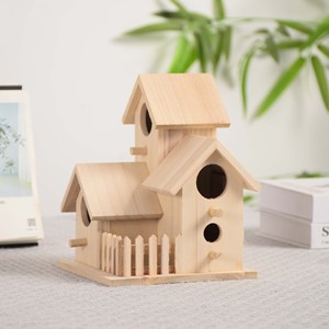 Casa para Pájaros de Madera, Estilo Villa de Tres Habitaciones, Adorno para Exteriores, Color Natural, Duradera - Product Image 2