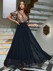 Contraste lentejuelas Puff manga Patchwork gasa vestido Formal elegante cuello en V baile Maxi A-Lined vestidos de noche para fiesta de graduación - Product Image 4