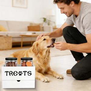 <span class=keywords><strong>Container</strong></span> de Armazenamento de Ração e Petiscos para Cães em Madeira Esculpida, <span class=keywords><strong>Container</strong></span> Quadrado Micro-ondas com 2 Potes para Petiscos, Presente para Proprietários de Animais - Product Image 2