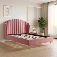 Lit rembourré moderne rose chromé avec ailes, capitonné, avec rangement, cadre en bois, sommier à ressorts, disponible en tailles King, Queen et Double