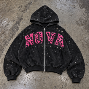 Sudadera con capucha y cremallera personalizada con pedrería para hombre, estilo oversize, lavado ácido, apliques bordados, peso pesado, vintage Y2K, streetwear - Product Image 1