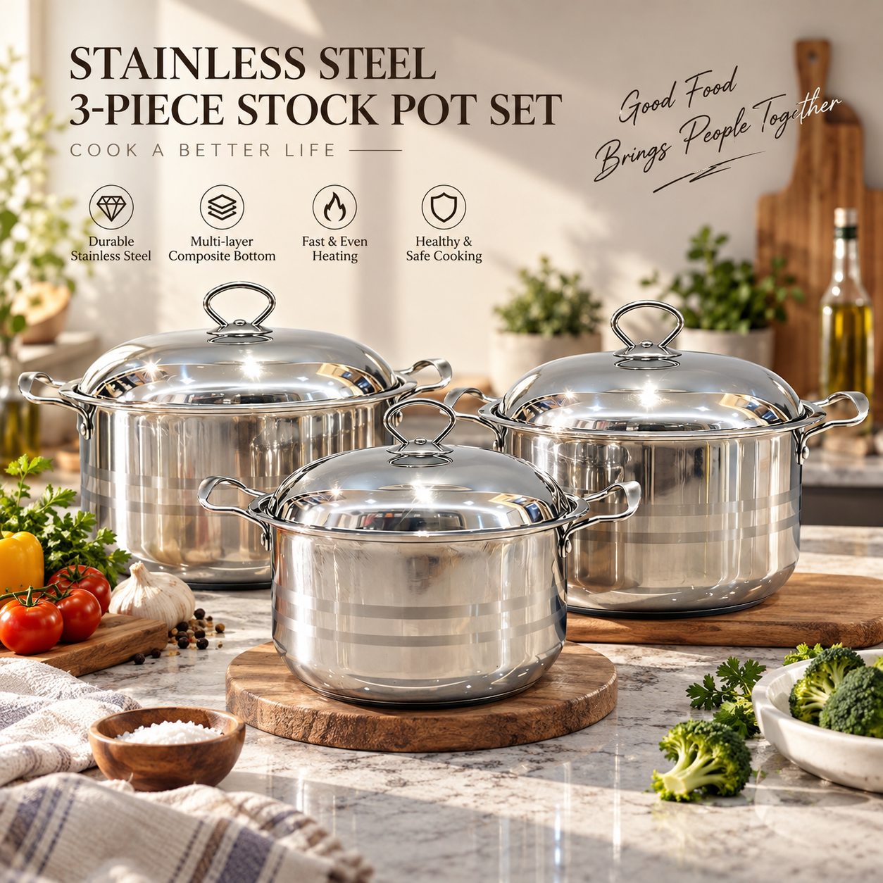 Wholesale Stainless Steel Compound Bottom Big Edge Pot Set 3Pcs 5Pcs 7Pcs, Double Handle Stock Pot With SS Lid, OEM Cookware Set · image 5
