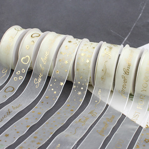 Chiffon Ribbon Spool Gold Foil Star Heart Print Valentine's Day Gift Decorations - Product Image 1