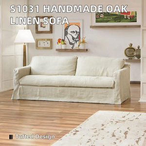 1031 यूरोपीय आधुनिक फैशन ठोस ओक लकड़ी बेंच-सीट स्लाइपकवर हस्तनिर्मित लिनन कपड़े बेलियन ट्रैक आर्म लिविंग रूम के लिए सोफे - Product Image 3