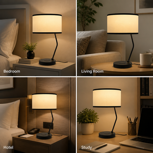 Lampe de chevet moderne avec chargeur sans fil, port USB, abat-jour en tissu, lampe de bureau pour chambre à coucher, hôtel, salon - Product Image 6