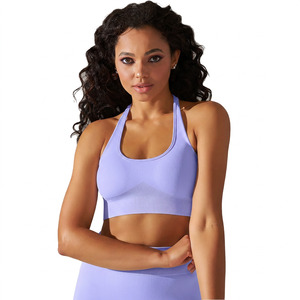 Women Seamless Halter Neck Sports Bra Backless Solid White Medium Support Fitness Top Spandex Nylon - Product Image 4