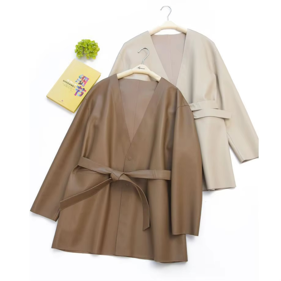 3137 New Style Custom Leather Jacket Women Medium Length Casual Real Leather Coat With Belt