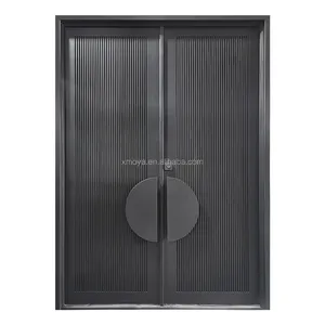 Entrance Door Wrought Iron Security Door Designs Anti-theft Explosion Proof Iron Modern Style Striped Glass Steel Swing Exterior